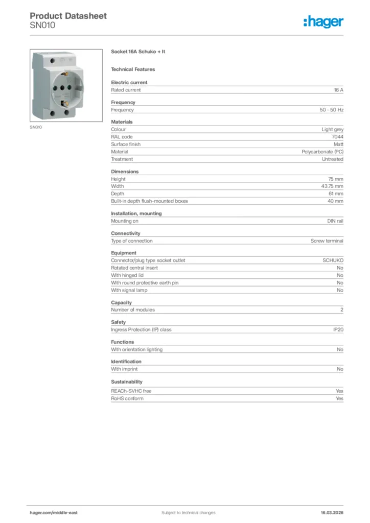 Image Hager Product data sheet SN010  | Hager