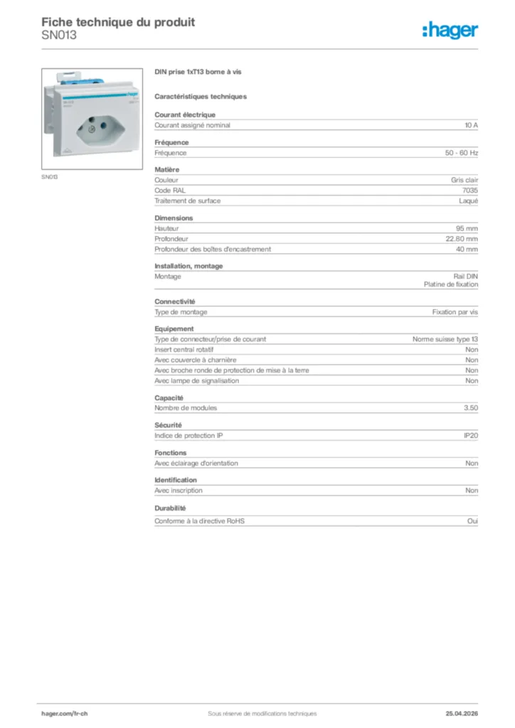 Image Hager Fiche technique du produit SN013 | Hager Suisse