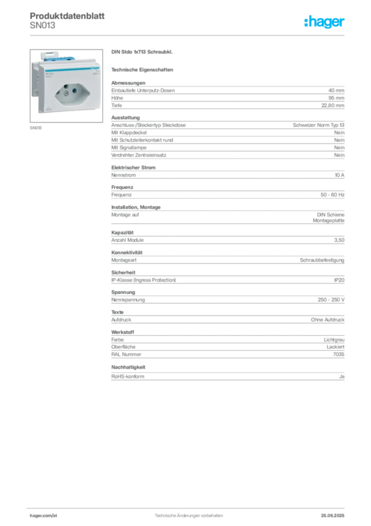 Bild Hager Produktdatenblatt SN013 | Hager Deutschland
