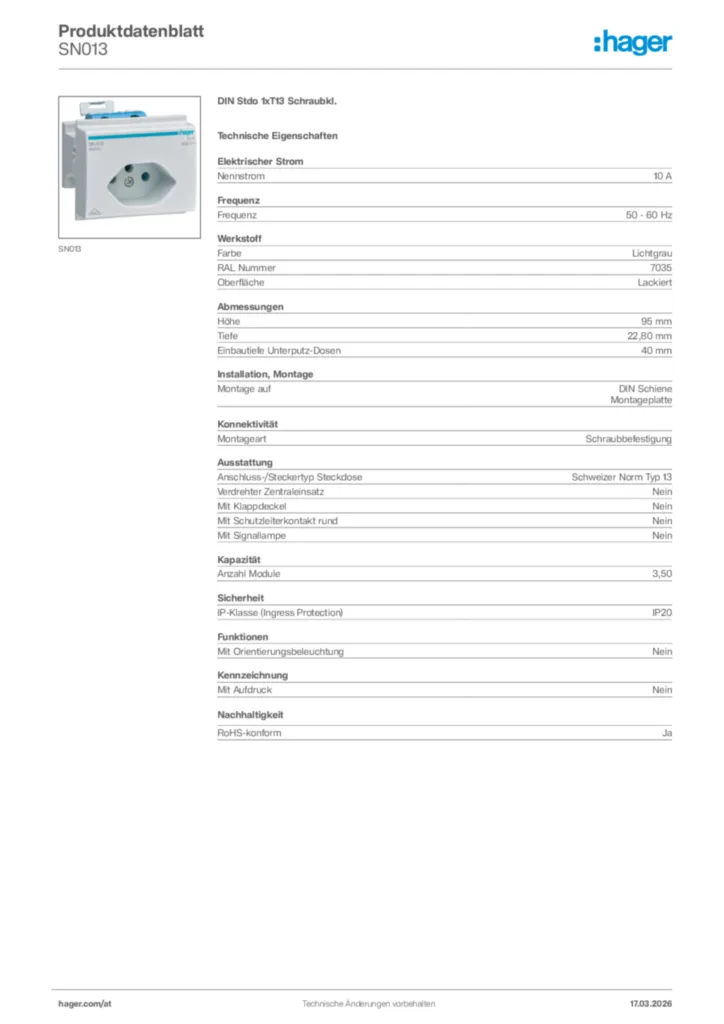 Bild Hager Produktdatenblatt SN013 | Hager Deutschland