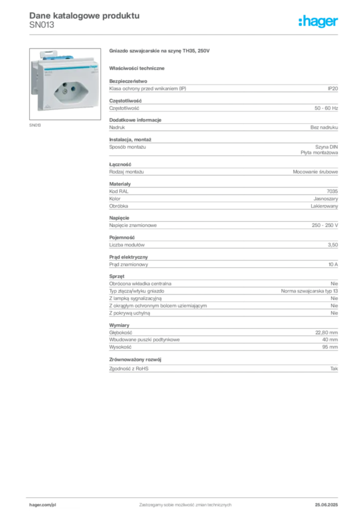 Zdjęcie Hager Dane katalogowe produktu SN013 | Hager Polska