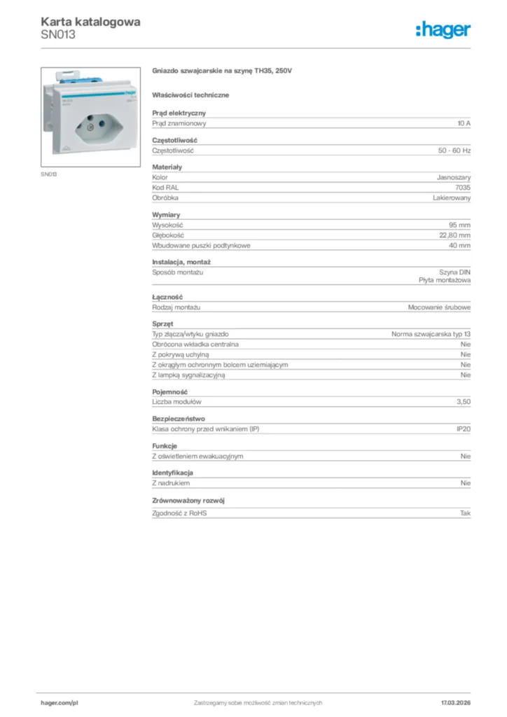 Zdjęcie Hager Karta katalogowa SN013 | Hager Polska
