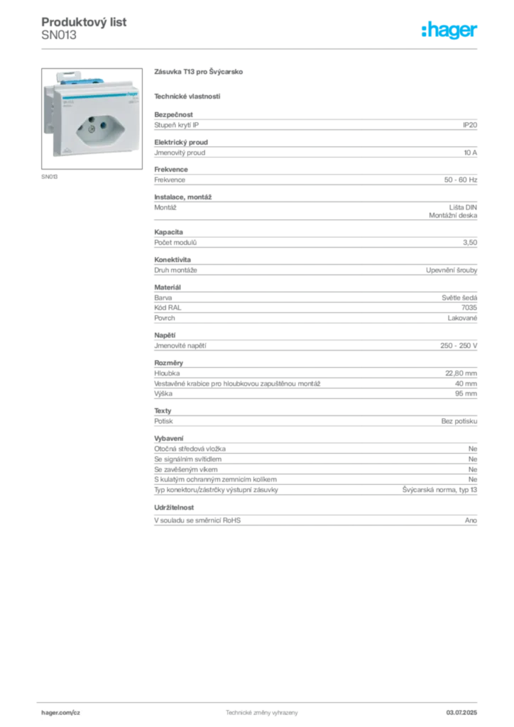 Obrázek Hager Produktový list SN013 | Hager