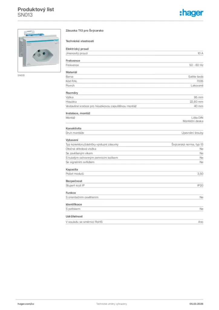 Obrázek Hager Product data sheet SN013 | Hager