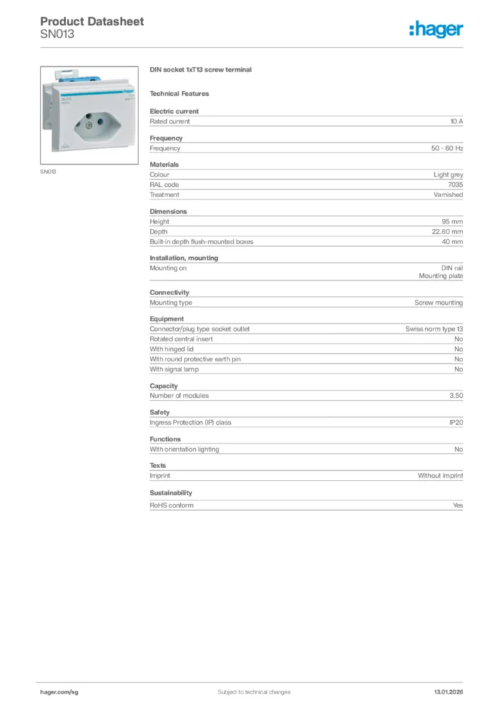 Image Hager Product data sheet SN013  | Hager