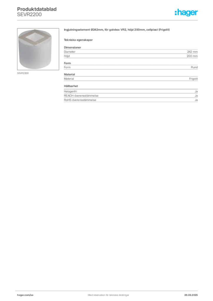 Bild Hager Produktdatablad SEVR2200 | Hager Sverige