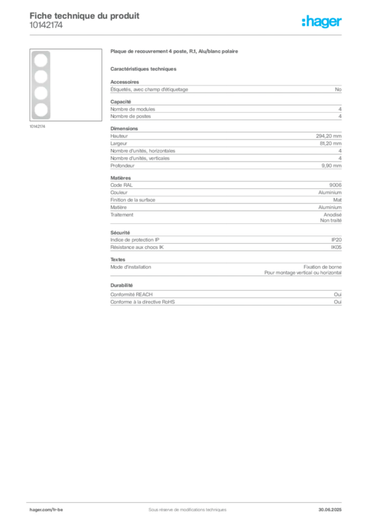 Image Hager Fiche technique du produit 10142174 | Hager Belgique