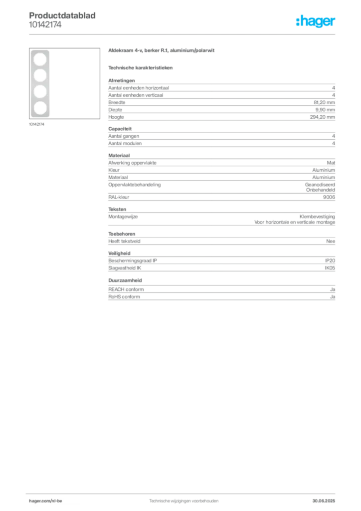 Afbeelding Hager Productdatablad 10142174 | Hager Belgium