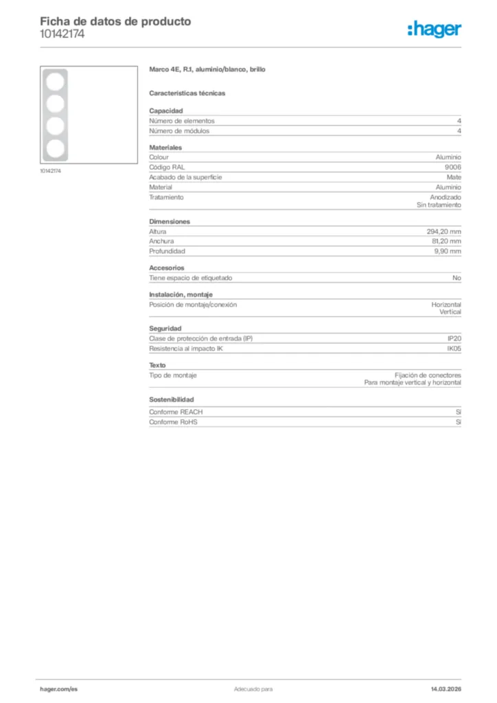 Imagen Hager Ficha de datos de producto 10142174 | Hager España