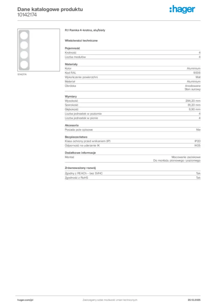 Zdjęcie Hager Dane katalogowe produktu 10142174 | Hager Polska