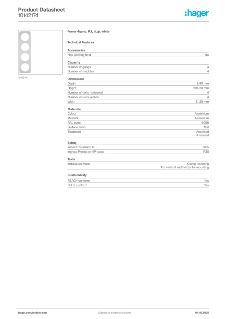 Image Hager Product data sheet 10142174  | Hager