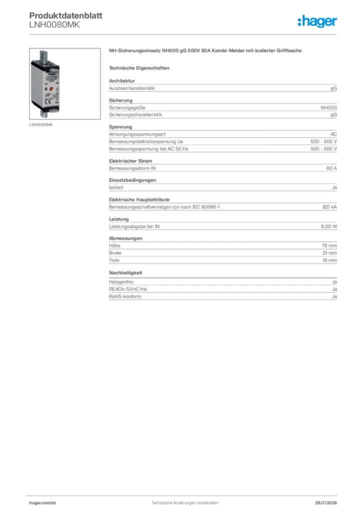 Bild Hager Produktdatenblatt LNH0080MK | Hager Deutschland