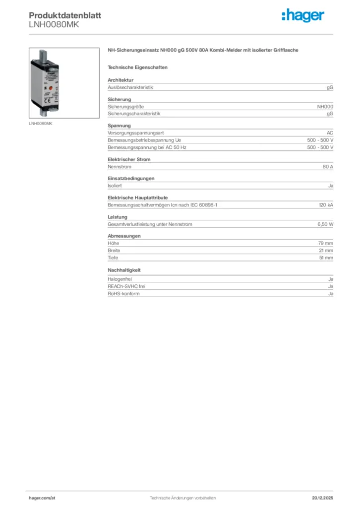 Bild Hager Produktdatenblatt LNH0080MK | Hager Deutschland