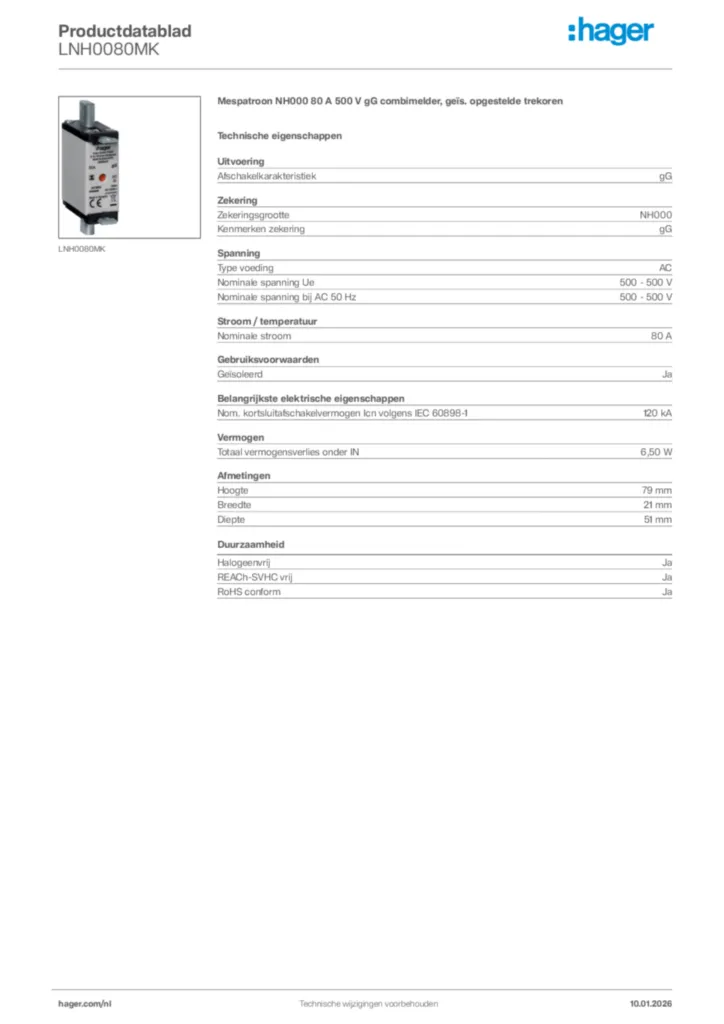 Afbeelding Hager Productdatablad LNH0080MK | Hager Nederland