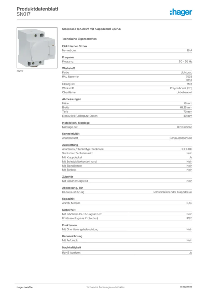 Bild Hager Produktdatenblatt SN017 | Hager Deutschland