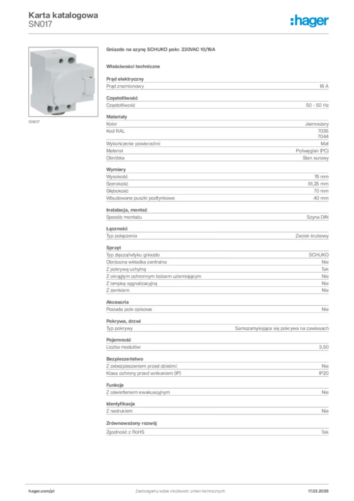 Zdjęcie Hager Karta katalogowa SN017 | Hager Polska