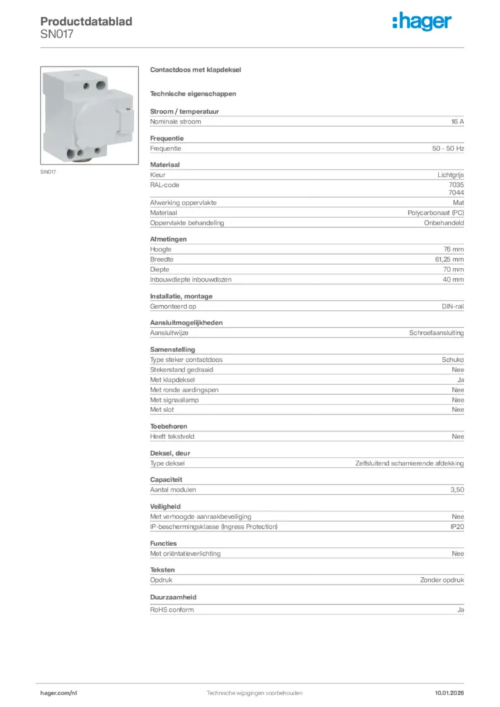 Afbeelding Hager Productdatablad SN017 | Hager Nederland