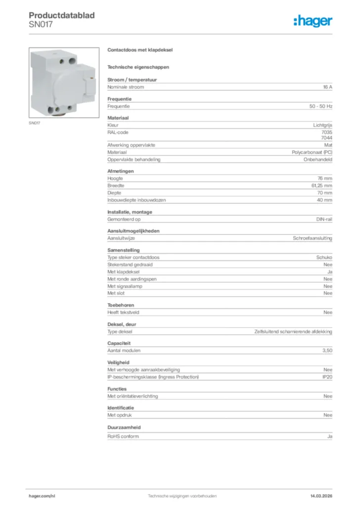 Afbeelding Hager Productdatablad SN017 | Hager Nederland