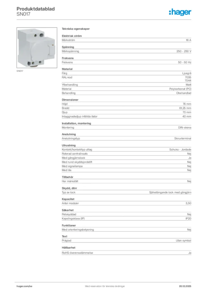 Bild Hager Produktdatablad SN017 | Hager Sverige