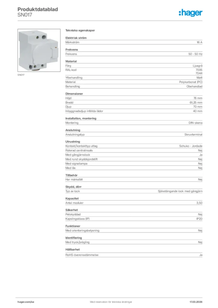 Bild Hager Produktdatablad SN017 | Hager Sverige