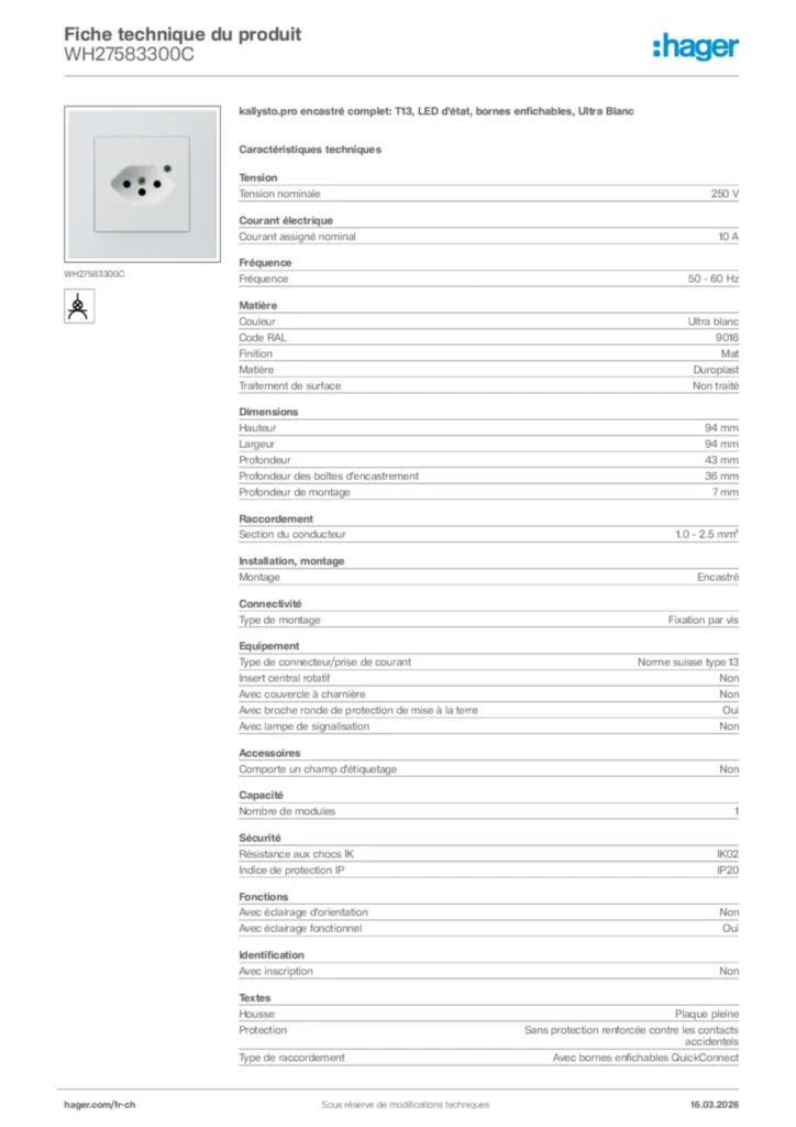 Image Hager Fiche technique du produit WH27583300C | Hager Suisse