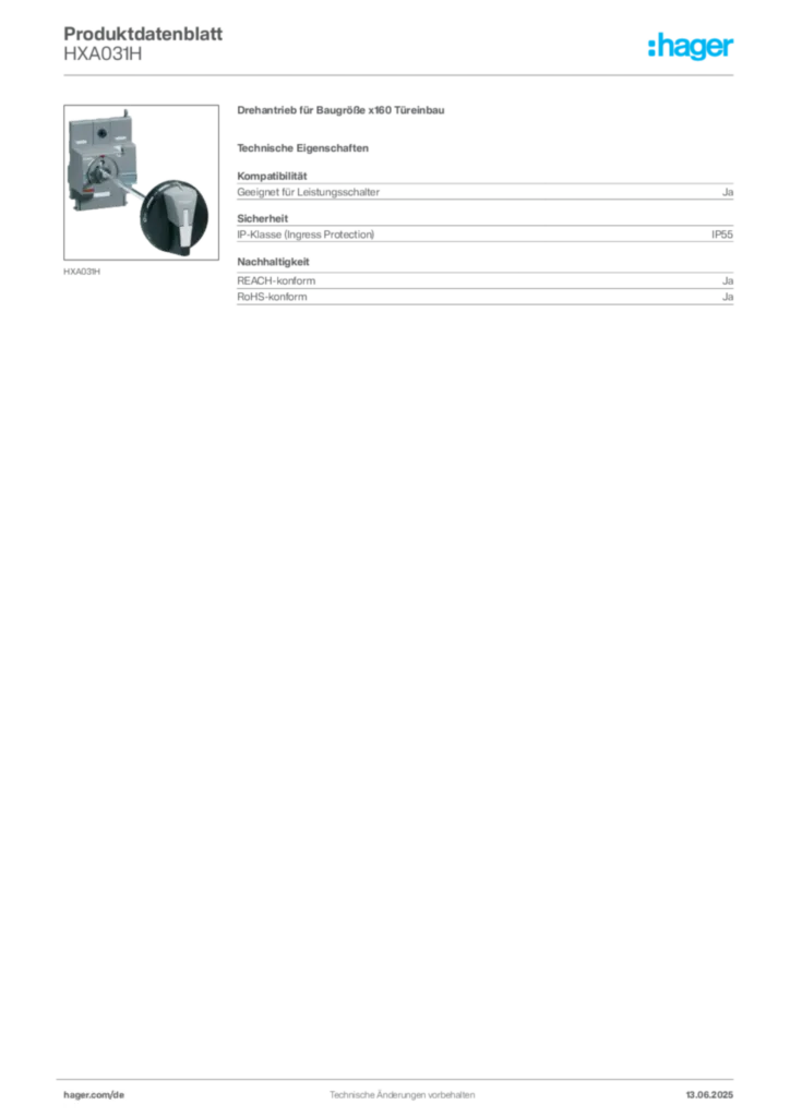 Hager Produktdatenblatt HXA031H