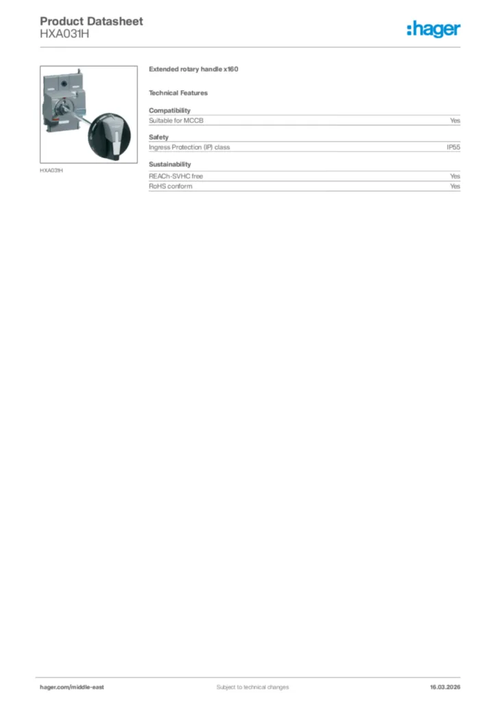 Image Hager Product data sheet HXA031H  | Hager
