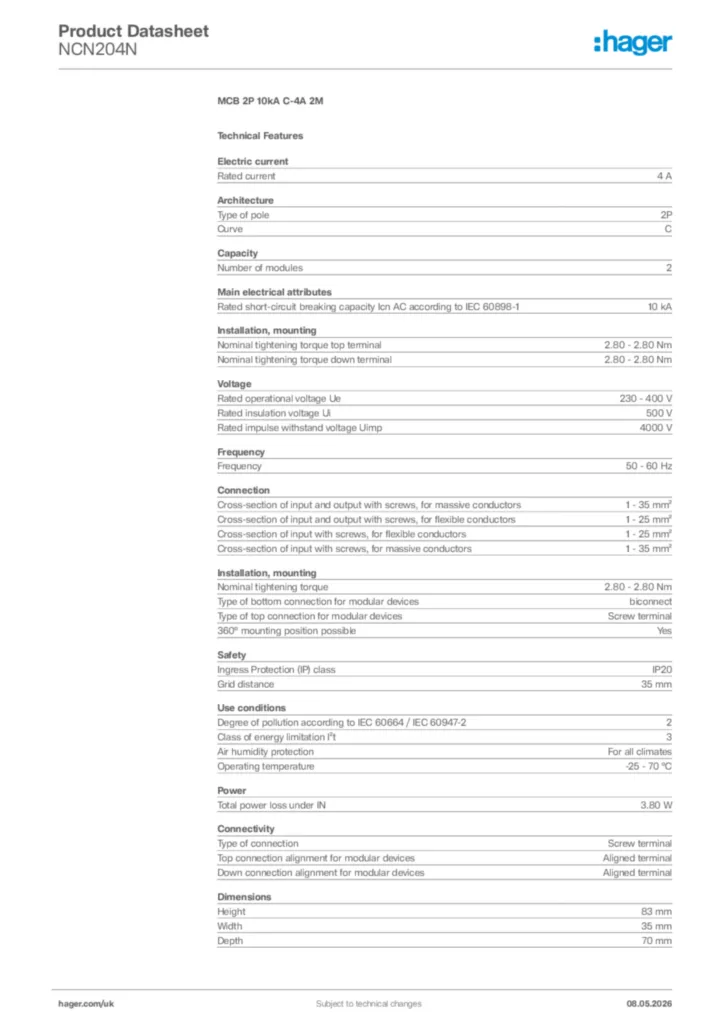 Image Hager Product data sheet NCN204N  | Hager