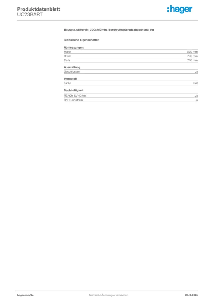 Bild Hager Produktdatenblatt UC23BART | Hager Deutschland