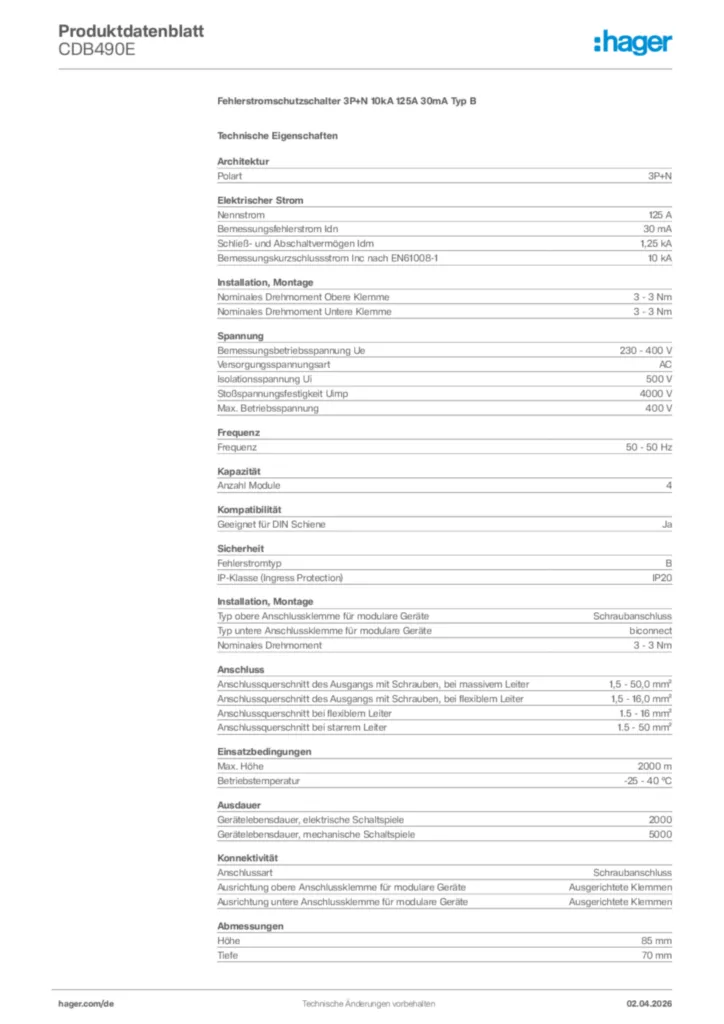 Bild Hager Produktdatenblatt CDB490E | Hager Deutschland