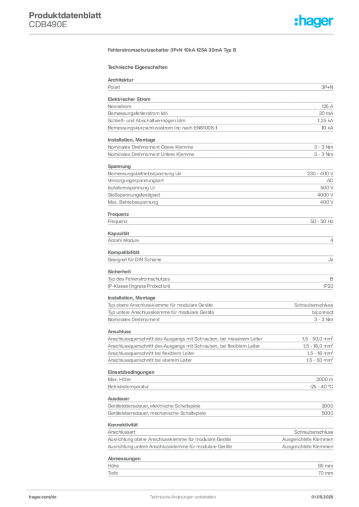 Fehlerstromschutzschalter 3P+N 10kA 125A 30mA Typ B