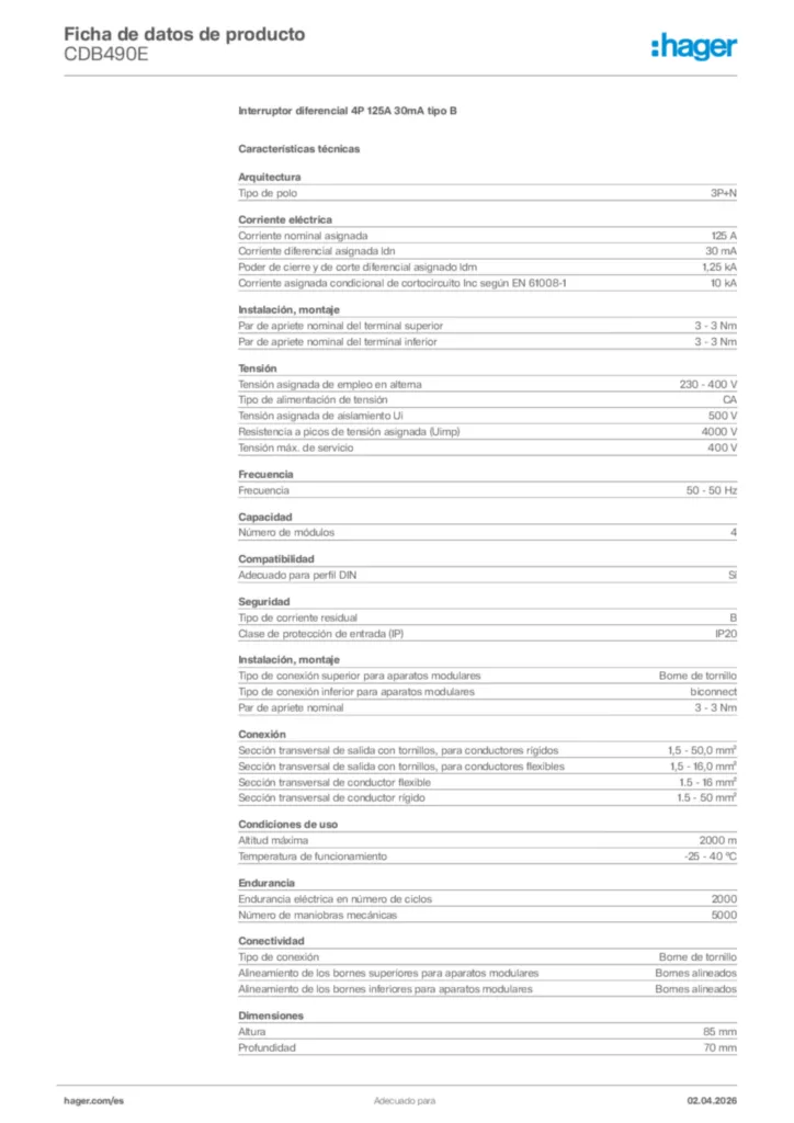 Imagen Hager Ficha de datos de producto CDB490E | Hager España