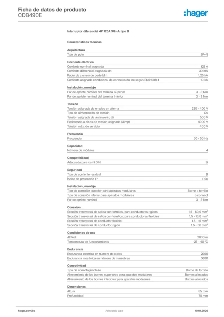 Imagen Hager Ficha de datos de producto CDB490E | Hager España