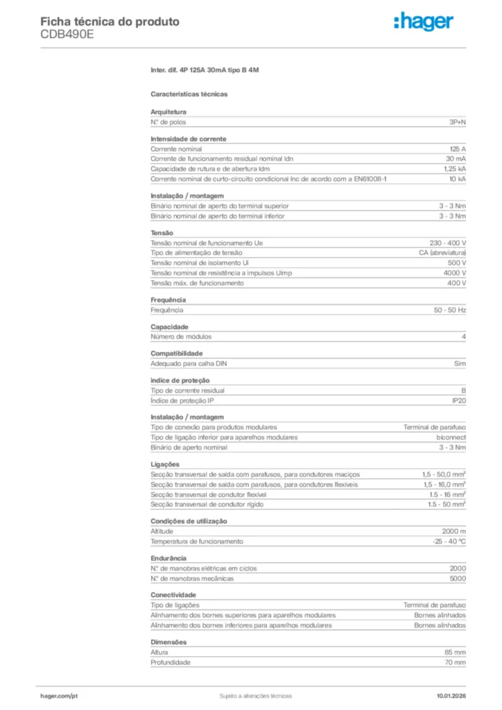 Imagem Hager Ficha técnica do produto CDB490E | Hager Portugal