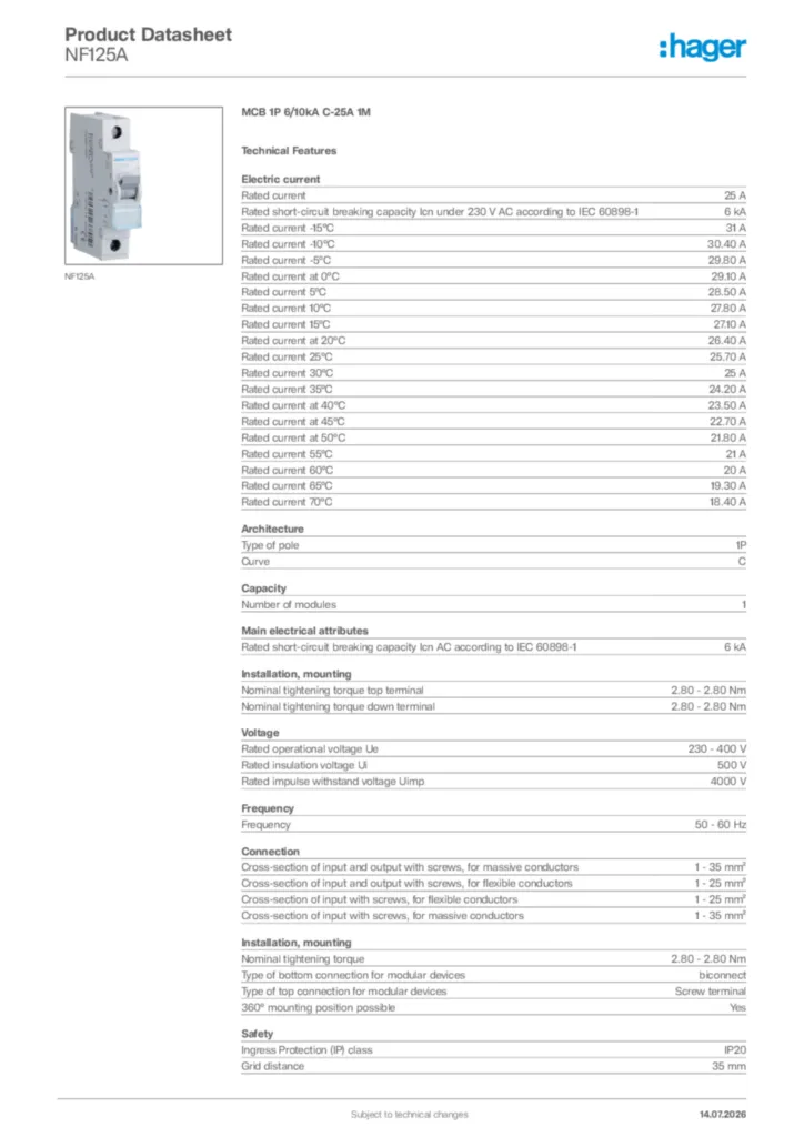 Image Hager Product data sheet NF125A  | Hager Africa