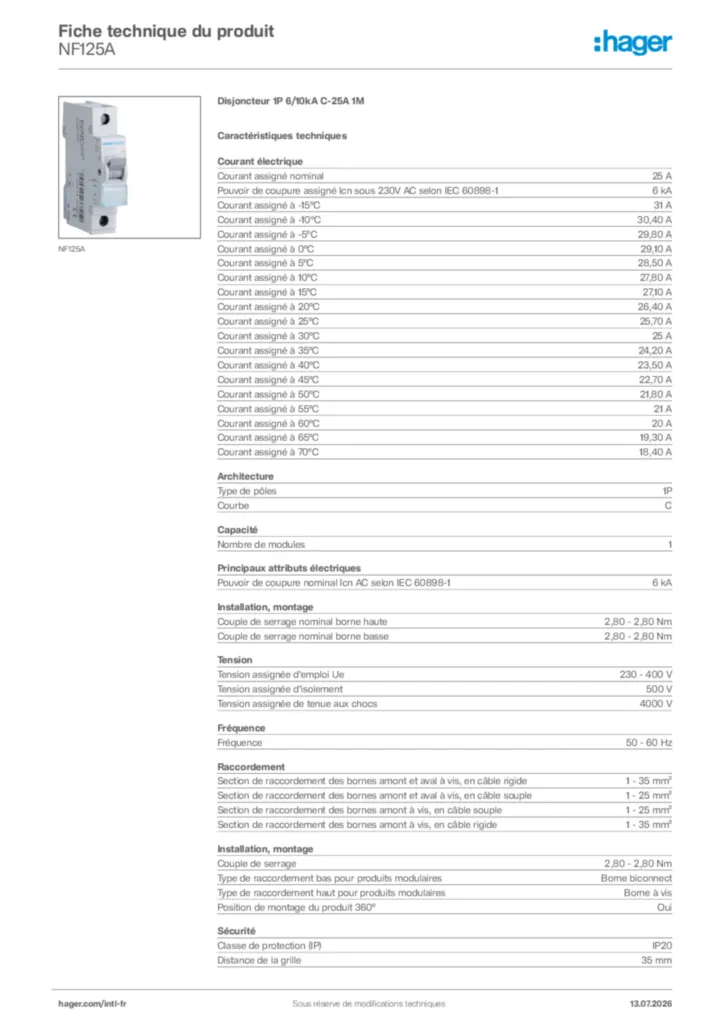 Image Hager Fiche technique du produit NF125A | Hager Afrique