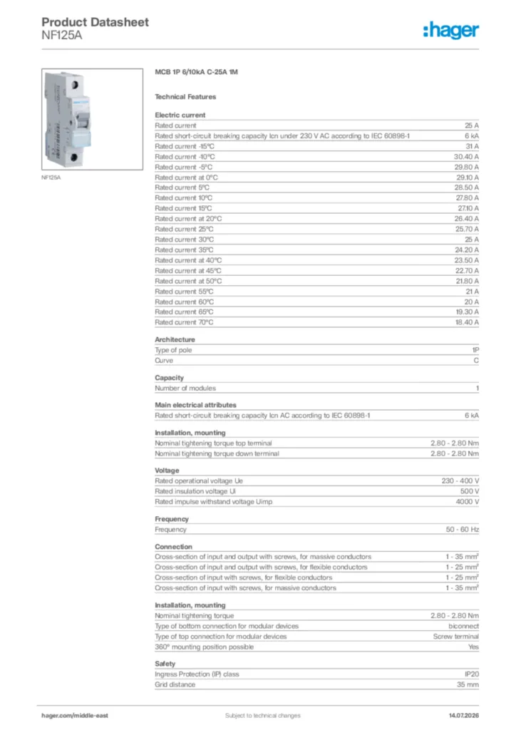 Image Hager Product data sheet NF125A  | Hager