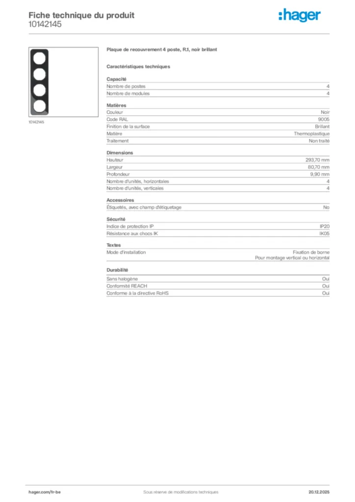 Image Hager Fiche technique du produit 10142145 | Hager Belgique