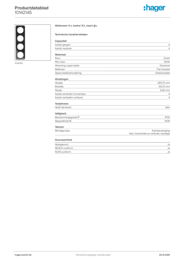 Afbeelding Hager Productdatablad 10142145 | Hager Belgium