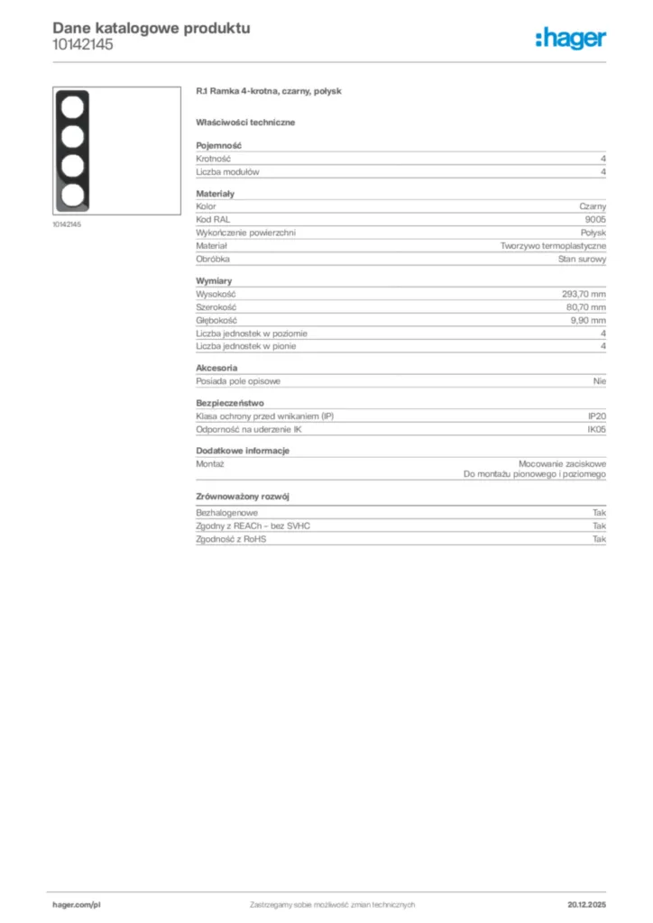 Zdjęcie Hager Dane katalogowe produktu 10142145 | Hager Polska