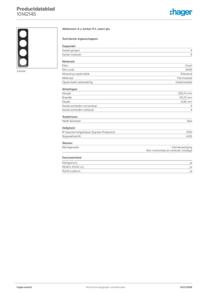 Afbeelding Hager Productdatablad 10142145 | Hager Nederland