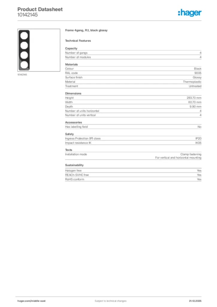 Image Hager Product data sheet 10142145  | Hager