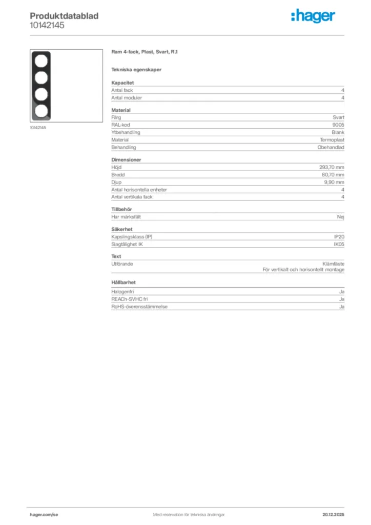 Bild Hager Produktdatablad 10142145 | Hager Sverige