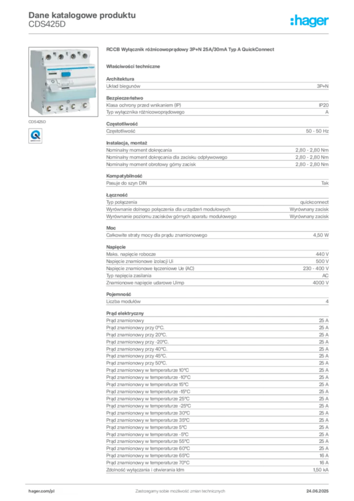 Zdjęcie Hager Dane katalogowe produktu CDS425D | Hager Polska