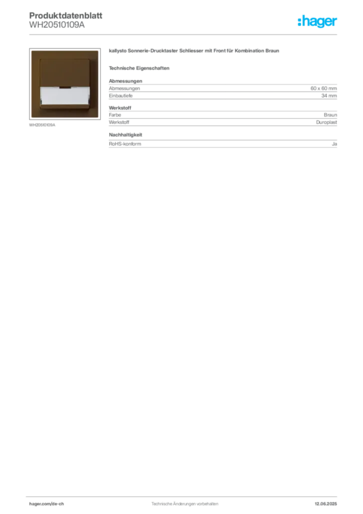 Bild Hager Produktdatenblatt WH20510109A | Hager Schweiz