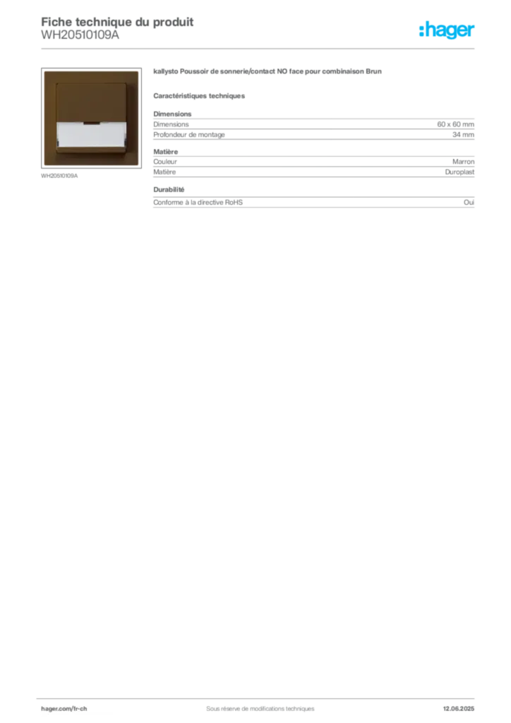 Image Hager Fiche technique du produit WH20510109A | Hager Suisse