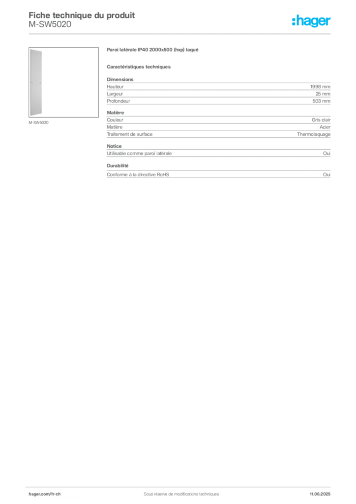 Image Hager Fiche technique du produit M-SW5020 | Hager Suisse