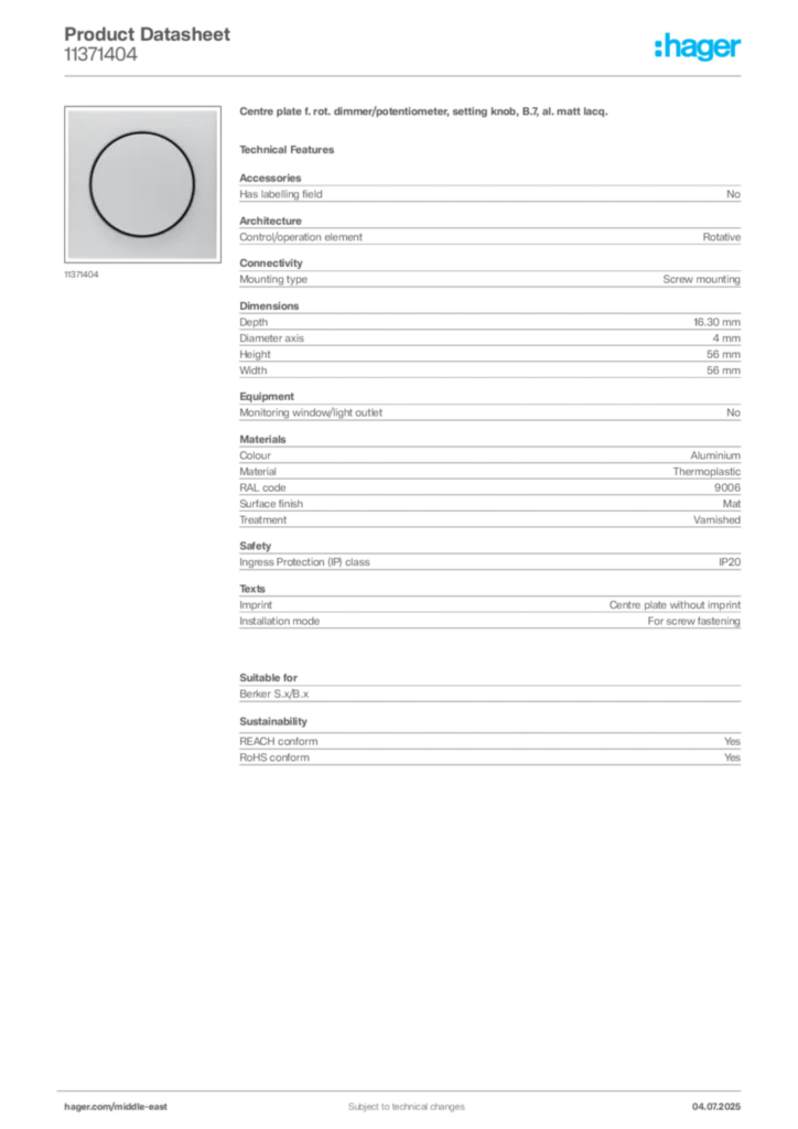 Image Hager Product data sheet 11371404  | Hager