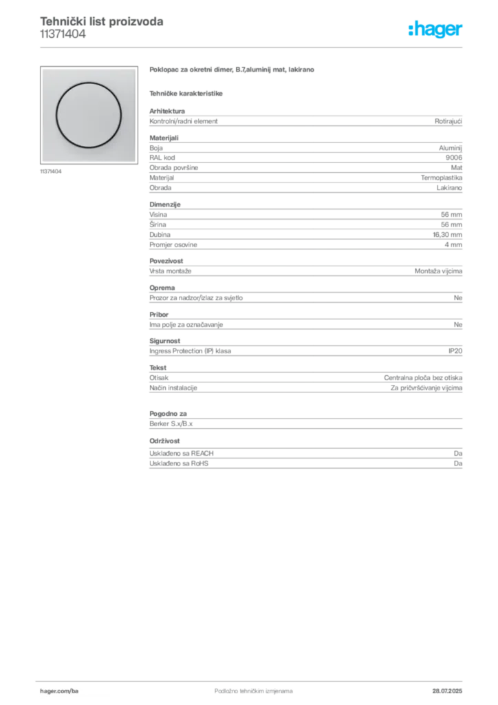 Slika Hager Product data sheet 11371404  | Hager