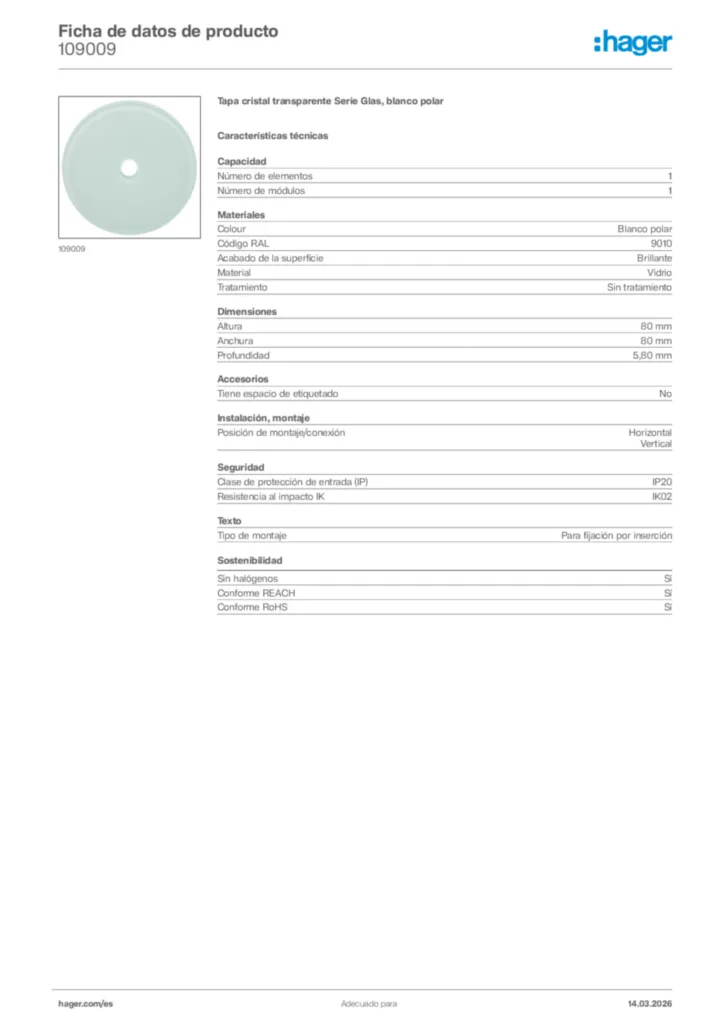 Imagen Hager Ficha de datos de producto 109009 | Hager España